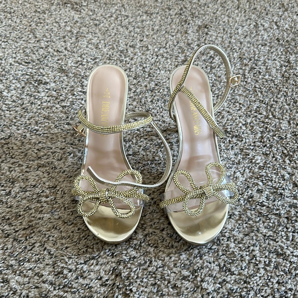 Dream Pair Gold Rhinestone Bow Slingback Heels - Size 7